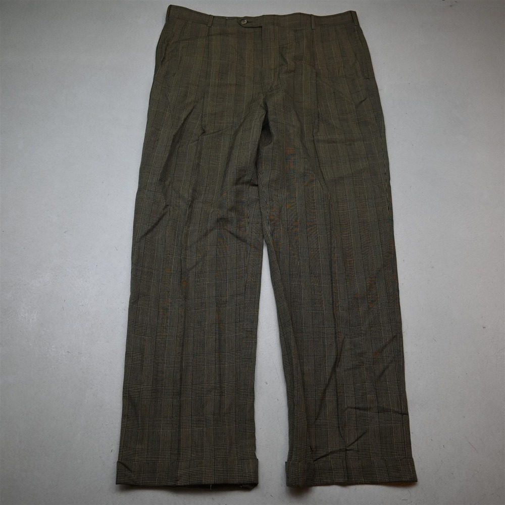 Vtg Barry Bricken 36x32 Brown Plaid Check Wool Pleated Cuffed Baggy Mens Pants